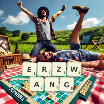 Kreative Illustration für ein Scrabble-Spiel, bei dem das Wort ERZWANG mit Steinen auf dem Brett gelegt wurde.