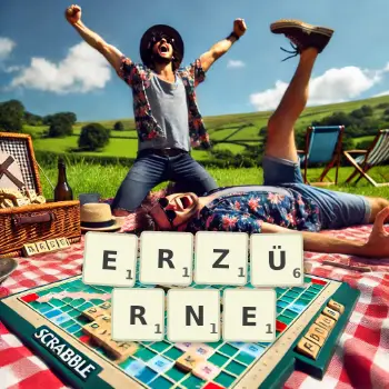 Kreative Illustration für ein Scrabble-Spiel, bei dem das Wort ERZÜRNE mit Steinen auf dem Brett gelegt wurde.