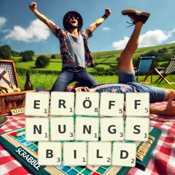 Kreative Illustration für ein Scrabble-Spiel, bei dem das Wort ERÖFFNUNGSBILD mit Steinen auf dem Brett gelegt wurde.