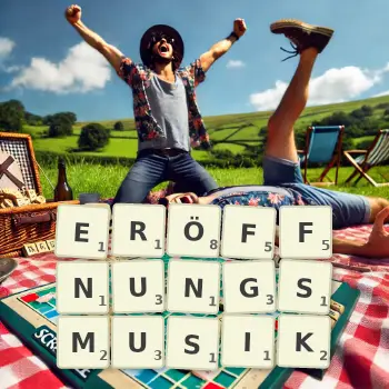 Kreative Illustration für ein Scrabble-Spiel, bei dem das Wort ERÖFFNUNGSMUSIK mit Steinen auf dem Brett gelegt wurde.