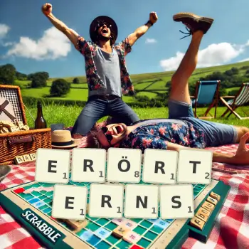 Kreative Illustration für ein Scrabble-Spiel, bei dem das Wort ERÖRTERNS mit Steinen auf dem Brett gelegt wurde.