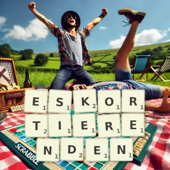 Kreative Illustration für ein Scrabble-Spiel, bei dem das Wort ESKORTIERENDEN mit Steinen auf dem Brett gelegt wurde.
