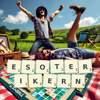 Kreative Illustration für ein Scrabble-Spiel, bei dem das Wort ESOTERIKERN mit Steinen auf dem Brett gelegt wurde.
