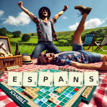 Kreative Illustration für ein Scrabble-Spiel, bei dem das Wort ESPANS mit Steinen auf dem Brett gelegt wurde.
