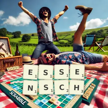 Kreative Illustration für ein Scrabble-Spiel, bei dem das Wort ESSENSCH mit Steinen auf dem Brett gelegt wurde.