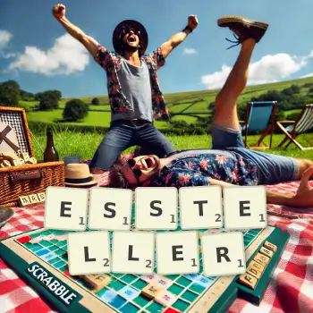 Kreative Illustration für ein Scrabble-Spiel, bei dem das Wort ESSTELLER mit Steinen auf dem Brett gelegt wurde.