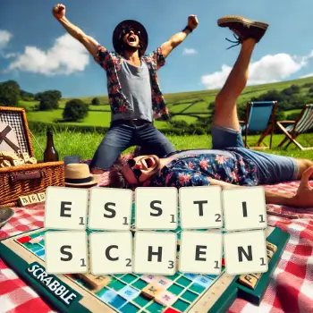 Kreative Illustration für ein Scrabble-Spiel, bei dem das Wort ESSTISCHEN mit Steinen auf dem Brett gelegt wurde.