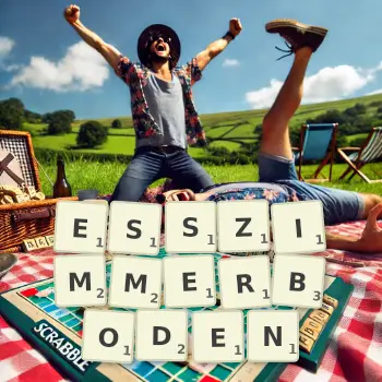 Kreative Illustration für ein Scrabble-Spiel, bei dem das Wort ESSZIMMERBODEN mit Steinen auf dem Brett gelegt wurde.