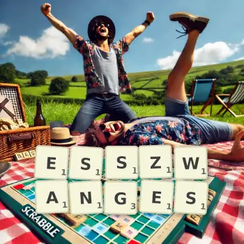 Kreative Illustration für ein Scrabble-Spiel, bei dem das Wort ESSZWANGES mit Steinen auf dem Brett gelegt wurde.