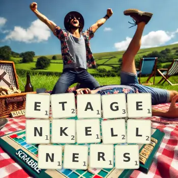 Kreative Illustration für ein Scrabble-Spiel, bei dem das Wort ETAGENKELLNERS mit Steinen auf dem Brett gelegt wurde.
