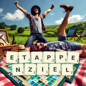 Kreative Illustration für ein Scrabble-Spiel, bei dem das Wort ETAPPENZIEL mit Steinen auf dem Brett gelegt wurde.