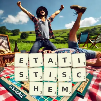 Kreative Illustration für ein Scrabble-Spiel, bei dem das Wort ETATISTISCHEM mit Steinen auf dem Brett gelegt wurde.
