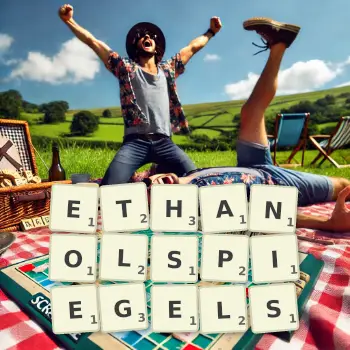 Kreative Illustration für ein Scrabble-Spiel, bei dem das Wort ETHANOLSPIEGELS mit Steinen auf dem Brett gelegt wurde.