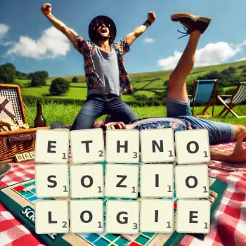 Kreative Illustration für ein Scrabble-Spiel, bei dem das Wort ETHNOSOZIOLOGIE mit Steinen auf dem Brett gelegt wurde.