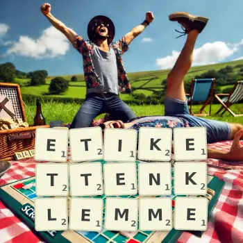 Kreative Illustration für ein Scrabble-Spiel, bei dem das Wort ETIKETTENKLEMME mit Steinen auf dem Brett gelegt wurde.