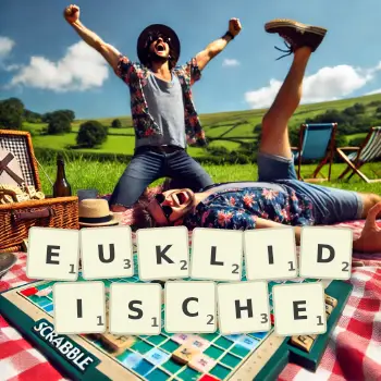 Kreative Illustration für ein Scrabble-Spiel, bei dem das Wort EUKLIDISCHE mit Steinen auf dem Brett gelegt wurde.