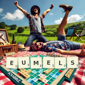 Kreative Illustration für ein Scrabble-Spiel, bei dem das Wort EUMELS mit Steinen auf dem Brett gelegt wurde.