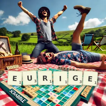 Kreative Illustration für ein Scrabble-Spiel, bei dem das Wort EURIGE mit Steinen auf dem Brett gelegt wurde.