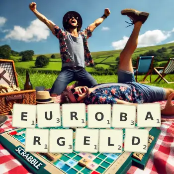 Kreative Illustration für ein Scrabble-Spiel, bei dem das Wort EUROBARGELD mit Steinen auf dem Brett gelegt wurde.