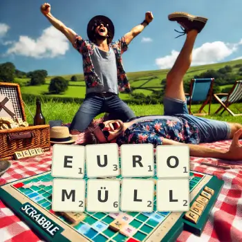 Kreative Illustration für ein Scrabble-Spiel, bei dem das Wort EUROMÜLL mit Steinen auf dem Brett gelegt wurde.