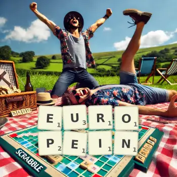 Kreative Illustration für ein Scrabble-Spiel, bei dem das Wort EUROPEIN mit Steinen auf dem Brett gelegt wurde.