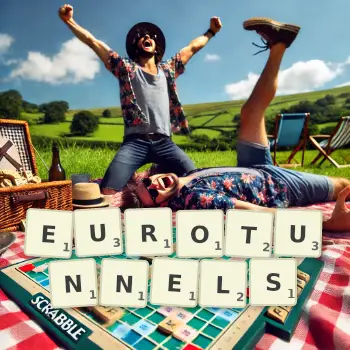 Kreative Illustration für ein Scrabble-Spiel, bei dem das Wort EUROTUNNELS mit Steinen auf dem Brett gelegt wurde.
