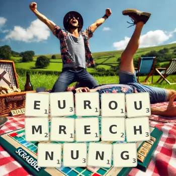 Kreative Illustration für ein Scrabble-Spiel, bei dem das Wort EUROUMRECHNUNG mit Steinen auf dem Brett gelegt wurde.