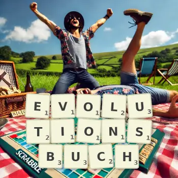 Kreative Illustration für ein Scrabble-Spiel, bei dem das Wort EVOLUTIONSBUCH mit Steinen auf dem Brett gelegt wurde.