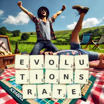 Kreative Illustration für ein Scrabble-Spiel, bei dem das Wort EVOLUTIONSRATE mit Steinen auf dem Brett gelegt wurde.