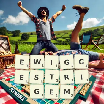 Kreative Illustration für ein Scrabble-Spiel, bei dem das Wort EWIGGESTRIGEM mit Steinen auf dem Brett gelegt wurde.