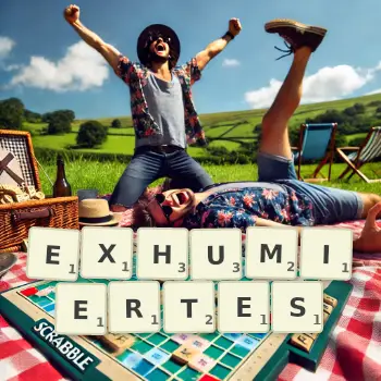 Kreative Illustration für ein Scrabble-Spiel, bei dem das Wort EXHUMIERTES mit Steinen auf dem Brett gelegt wurde.