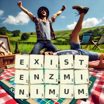 Kreative Illustration für ein Scrabble-Spiel, bei dem das Wort EXISTENZMINIMUM mit Steinen auf dem Brett gelegt wurde.
