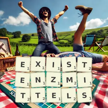 Kreative Illustration für ein Scrabble-Spiel, bei dem das Wort EXISTENZMITTELS mit Steinen auf dem Brett gelegt wurde.