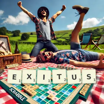 Kreative Illustration für ein Scrabble-Spiel, bei dem das Wort EXITUS mit Steinen auf dem Brett gelegt wurde.