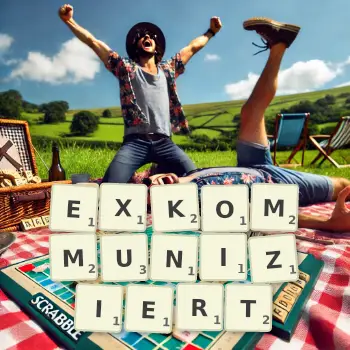 Kreative Illustration für ein Scrabble-Spiel, bei dem das Wort EXKOMMUNIZIERT mit Steinen auf dem Brett gelegt wurde.
