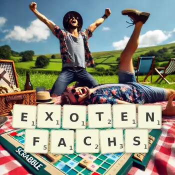 Kreative Illustration für ein Scrabble-Spiel, bei dem das Wort EXOTENFACHS mit Steinen auf dem Brett gelegt wurde.