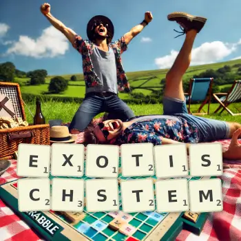 Kreative Illustration für ein Scrabble-Spiel, bei dem das Wort EXOTISCHSTEM mit Steinen auf dem Brett gelegt wurde.