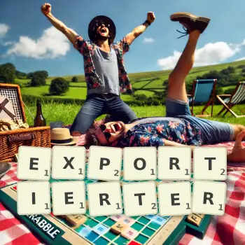Kreative Illustration für ein Scrabble-Spiel, bei dem das Wort EXPORTIERTER mit Steinen auf dem Brett gelegt wurde.
