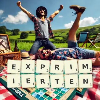 Kreative Illustration für ein Scrabble-Spiel, bei dem das Wort EXPRIMIERTEN mit Steinen auf dem Brett gelegt wurde.
