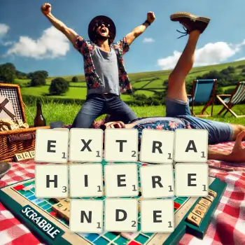 Kreative Illustration für ein Scrabble-Spiel, bei dem das Wort EXTRAHIERENDE mit Steinen auf dem Brett gelegt wurde.