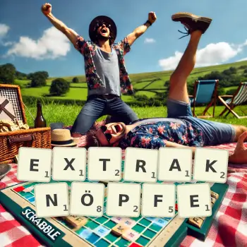 Kreative Illustration für ein Scrabble-Spiel, bei dem das Wort EXTRAKNÖPFE mit Steinen auf dem Brett gelegt wurde.
