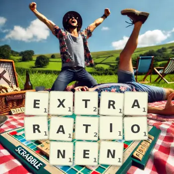 Kreative Illustration für ein Scrabble-Spiel, bei dem das Wort EXTRARATIONEN mit Steinen auf dem Brett gelegt wurde.
