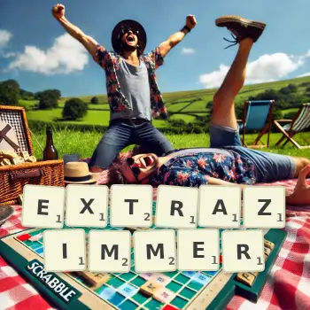 Kreative Illustration für ein Scrabble-Spiel, bei dem das Wort EXTRAZIMMER mit Steinen auf dem Brett gelegt wurde.