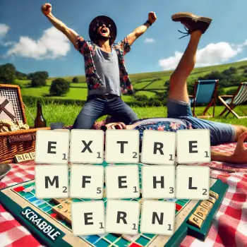 Kreative Illustration für ein Scrabble-Spiel, bei dem das Wort EXTREMFEHLERN mit Steinen auf dem Brett gelegt wurde.