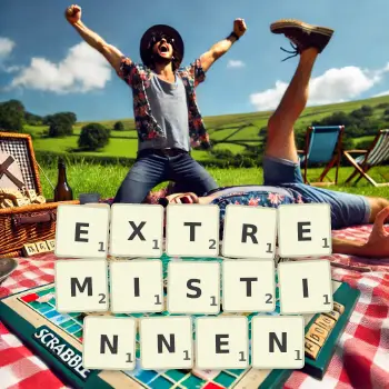 Kreative Illustration für ein Scrabble-Spiel, bei dem das Wort EXTREMISTINNEN mit Steinen auf dem Brett gelegt wurde.