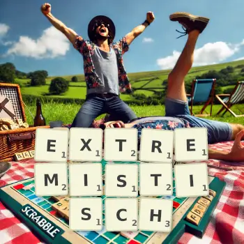 Kreative Illustration für ein Scrabble-Spiel, bei dem das Wort EXTREMISTISCH mit Steinen auf dem Brett gelegt wurde.