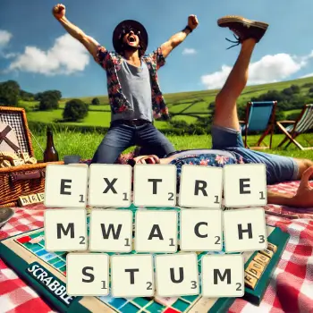 Kreative Illustration für ein Scrabble-Spiel, bei dem das Wort EXTREMWACHSTUM mit Steinen auf dem Brett gelegt wurde.