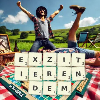 Kreative Illustration für ein Scrabble-Spiel, bei dem das Wort EXZITIERENDEM mit Steinen auf dem Brett gelegt wurde.