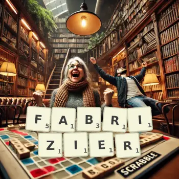 Kreative Illustration für ein Scrabble-Spiel, bei dem das Wort FABRIZIER mit Steinen auf dem Brett gelegt wurde.
