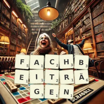 Kreative Illustration für ein Scrabble-Spiel, bei dem das Wort FACHBEITRÄGEN mit Steinen auf dem Brett gelegt wurde.